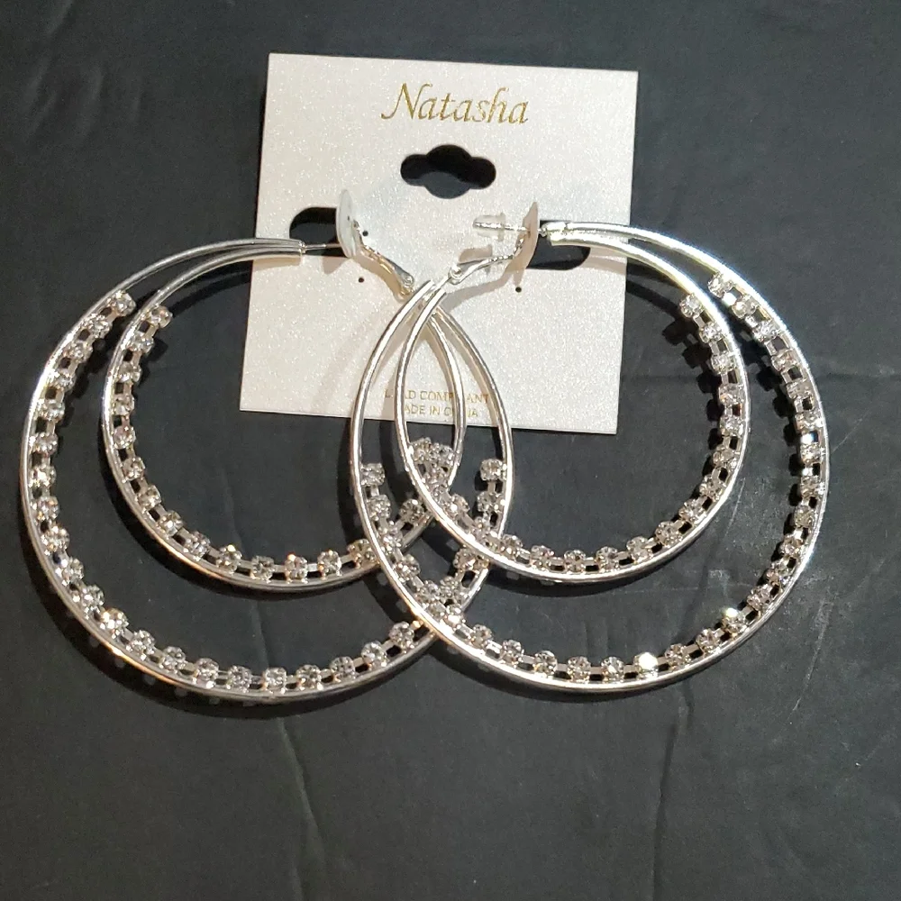 Natasha couture silver tone cz crystal rhinestone trim double hoop earrings new - Picture 1 of 10